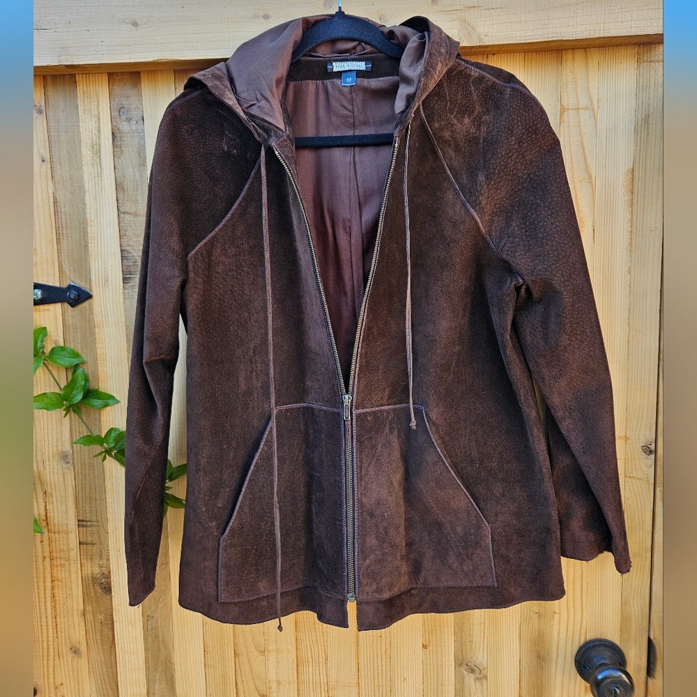 Rozae Nicols Chocotate Brown Suede Hooded Bomber Style Jacket Size Medium